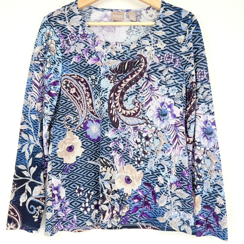 Chico's Blue Paisley Floral Lightweight Sweater Top Size 0